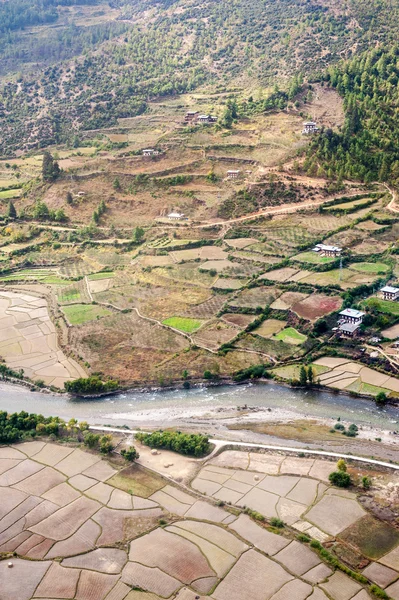 Widok z lotu ptaka krajobraz Bhutan — Zdjęcie stockowe