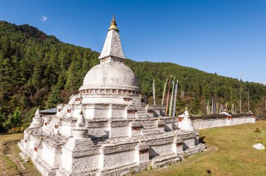 Mavi gökyüzü ile büyük tarihsel beyaz stupa. Bu stupa çember iyi şans getirecek inanılıyor.