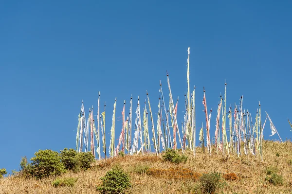 Bandiere di preghiera contro il cielo blu — Foto Stock