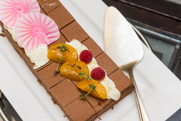 Ciasto pyszne czekolady owoce na białym talerzu. — Zdjęcie stockowe