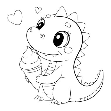 Black and white outline of a cute dinosaur holding ice cream. Vector coloring page for kids activities, coloring books, worksheets, and creative learning