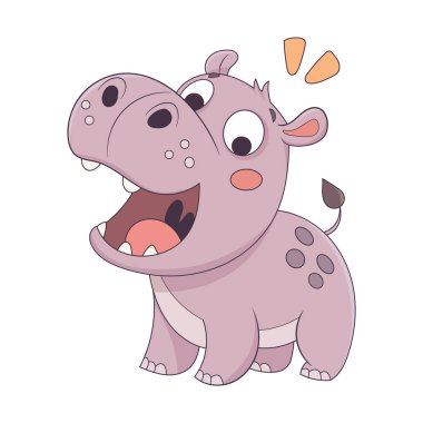 Parlak renklerde gülümseyen sevimli su aygırı. Çocuk kitapları, posterler, çıkartmalar, eğitim materyalleri ve eğlenceli tasarımlar için komik çizgi film vektör çizimi