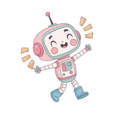Tatlı küçük robot yumuşak pastel renklerde mutlu bir şekilde dans ediyor. Çocuk kitapları, posterler, çıkartmalar ve dostane eğitim tasarımları için renkli çizgi film vektör çizimi.