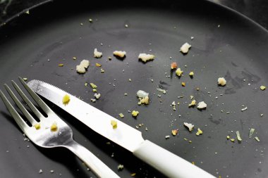 Çatal ve bıçaklı kirli siyah tabak..