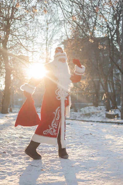 Noel Baba Kışın Güneşli Bir Günde Dışarıda Yüksek Kalite Fotoğraf — Stok fotoğraf