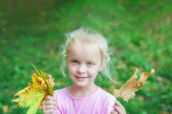 Retrato de una niña feliz sosteniendo un ramo de hojas de otoño en sus manos —  Fotos de Stock