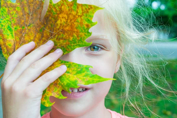 Close-up portret van een klein meisje met heterochromie met een herfstblad van een boom bij haar gezicht — Stockfoto