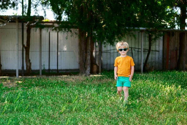 Mały blond chłopiec w okularach słonecznych uśmiecha się i chodzi po zielonej trawie w lecie — Zdjęcie stockowe