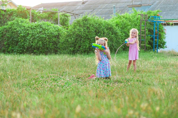 Two little girls play in the summer on a green meadow with water pistols — Stockfoto