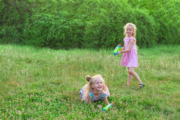 Dvě holčičky hrají v létě na zelené louce s pistolemi na vodu — Stock fotografie
