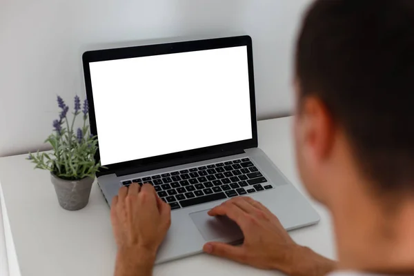 Cropped Image Young Man Working His Laptop Coffee Shop Rear — Stock Photo, Image