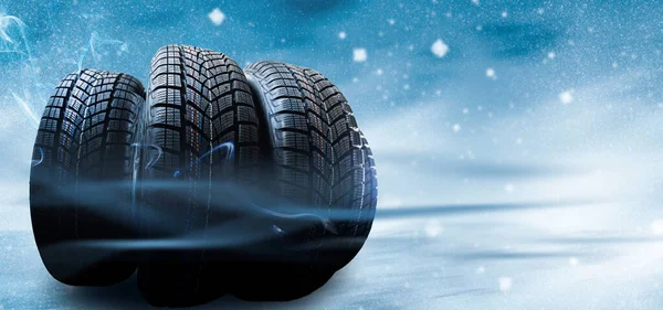 Cubierta Neumáticos Invierno Luces Sobre Fondo Azul Nieve —  Fotos de Stock