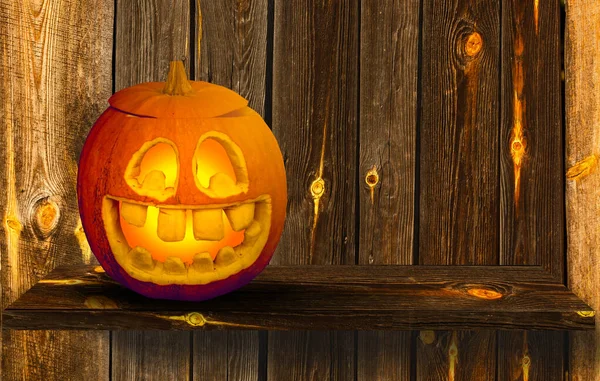 Cabeza Calabaza Halloween Jack Linterna Con Fondo Fuego Ardiente Mesa — Foto de Stock