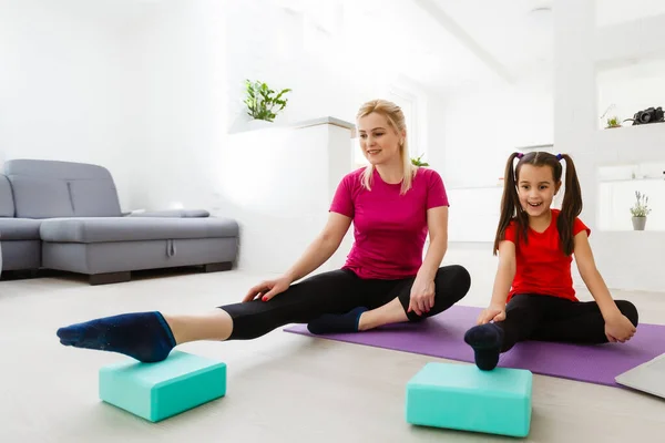 Mother Daughter Doing Yoga Exercises Mat Home — Stock Photo, Image
