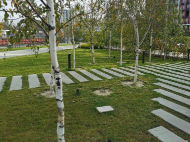 Arka planda ağaçlar olan çimenli bir bölgenin üzerine bir işaret. Yüksek kalite fotoğraf
