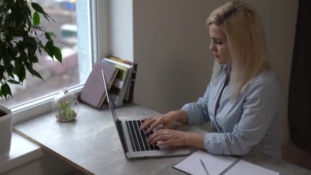 Die Frau Arbeitet Hause Einem Laptop Und Erfährt Dass Sie — Stockvideo