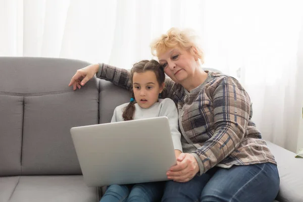 Ragazza Intelligente Nipote Sedersi Sul Divano Fare Shopping Online Con — Foto Stock