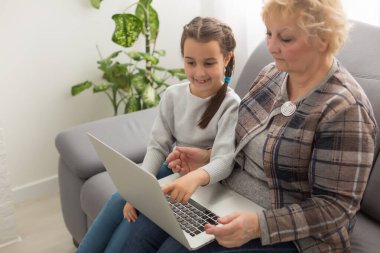 Evde dizüstü bilgisayar kullanan bir büyükanne ve torunun yan görüntüsü.