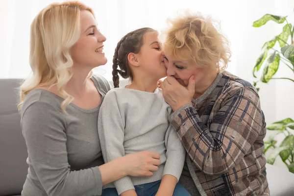 Three Generations Women Beautiful Woman Teenage Girl Kissing Granny While — Stock Photo, Image