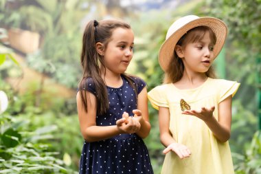 İki kız kardeş ellerinde bir kelebek tutuyor. Doğayı keşfeden çocuklar. Yazın çocuklarla aile eğlencesi..