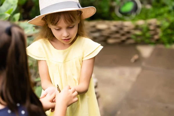 Маленька Дівчинка Тримає Метелика Руці — стокове фото