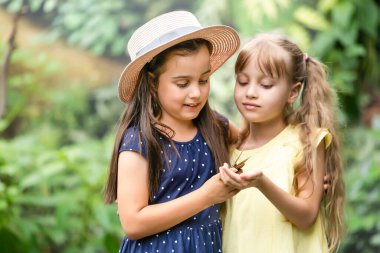 İki kız kardeş ellerinde bir kelebek tutuyor. Doğayı keşfeden çocuklar. Yazın çocuklarla aile eğlencesi..