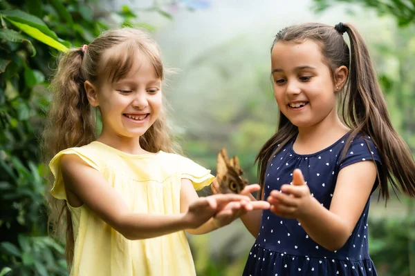 Duas Meninas Com Borboletas Uma Estufa — Fotografia de Stock