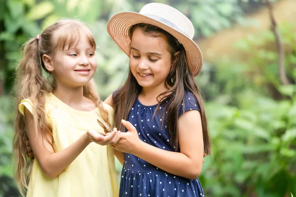 Dua Adik Perempuan Memegang Kupu Kupu Tangan Mereka Anak Anak — Stok Foto