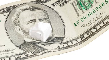  ABD 'de COVID-19 Coronavirus, yüz maskeli 100 dolarlık para. Coronavirus küresel borsayı etkiliyor