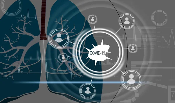 医生通过分析Covid 19对病人肺的检测结果和人体解剖学对技术上的数字未来虚拟相互作用的研究 研究人员正在努力寻找抗Coronavirus的疫苗 — 图库照片