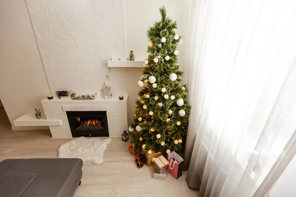 Panorama Interior Navidad Árbol Navidad Apartamento — Foto de Stock