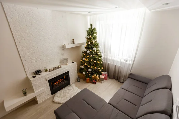 Christmas Interior Panorama Christmas Tree Apartment — Stock Photo, Image