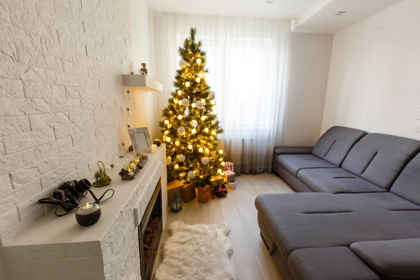 Panorama Interior Navidad Árbol Navidad Apartamento —  Fotos de Stock