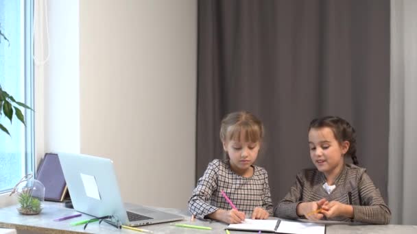Deux Petites Filles Enfants Ont Appel Vidéo Avec Enseignant Utilisant — Video