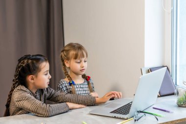 Ev eğitiminde konsept - iki sevimli küçük oynak kız laptopta ödev yapıyor.