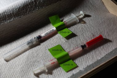 Corona virüsü aşısı, Covid-19 aşısı. Beyaz arkaplan ve şırıngalar.