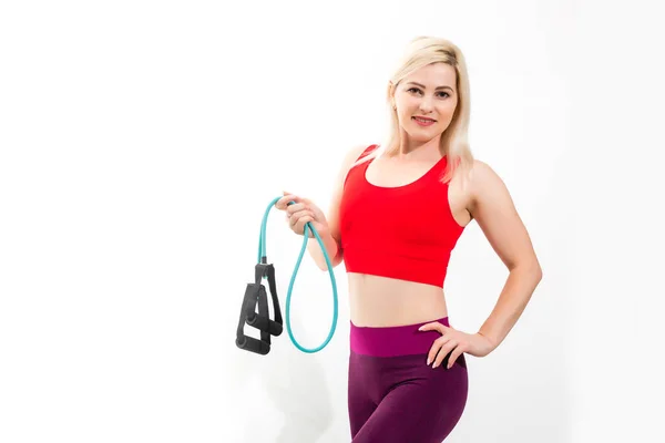 Close Retrato Uma Jovem Mulher Fitness Confiante Fazendo Exercícios Com — Fotografia de Stock