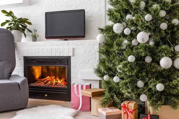 Fireplace Christmas Tree Presents Living Room — Stock Photo, Image
