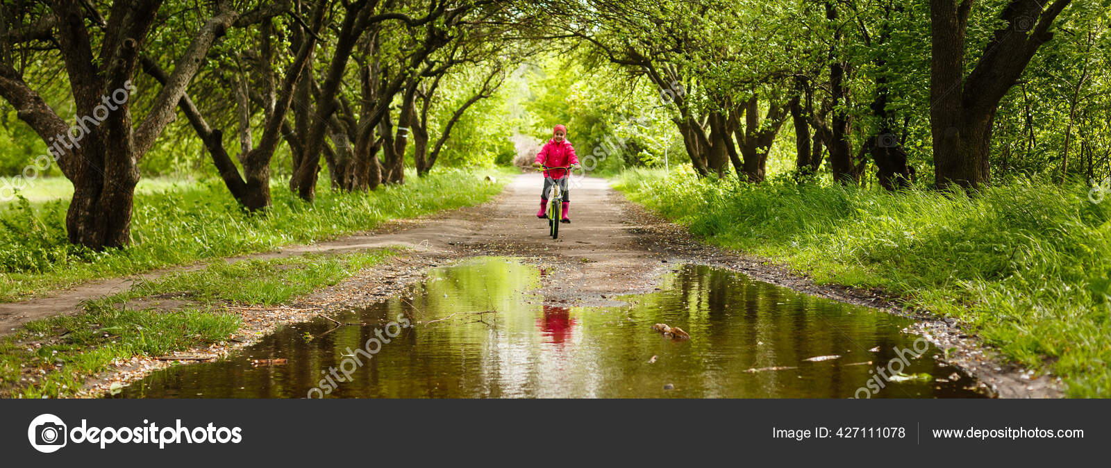 Little Girl Riding Bike Water Puddle Stock Photo by ©sinenkiy 427111078