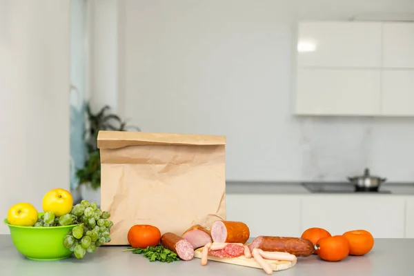 Saco Papel Com Comida Salsicha Entrega — Fotografia de Stock