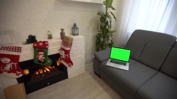 Inicio Cuaderno Trabajo Con Fondo Navidad Pantalla Verde Del Portátil — Vídeo de stock