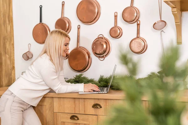 woman working with laptop, christmas theme, rustic style