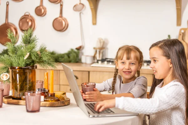 Дві Маленькі Дівчата Дивляться Онлайн Школу Сидячи Столом Обіднім Столом — стокове фото