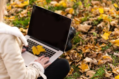 Genç bir kadın dizüstü bilgisayarla parkta oturuyor.