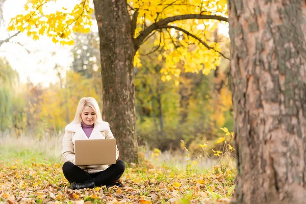 Söt Kvinna Med Laptop Höstparken Skönhet Natur Scen Med Färgglada — Stockfoto