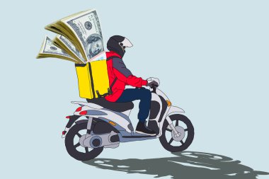 delivery man on a motorcycle with dollars in a bag clipart
