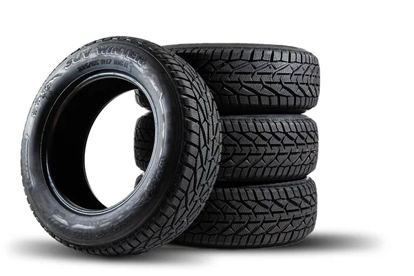 Stapel Von Vier Neuen Schwarzen Reifen Für Das Winterauto Auf — Stockfoto