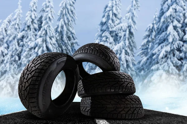 Four Winter Tires Winter Background — Stock Photo, Image