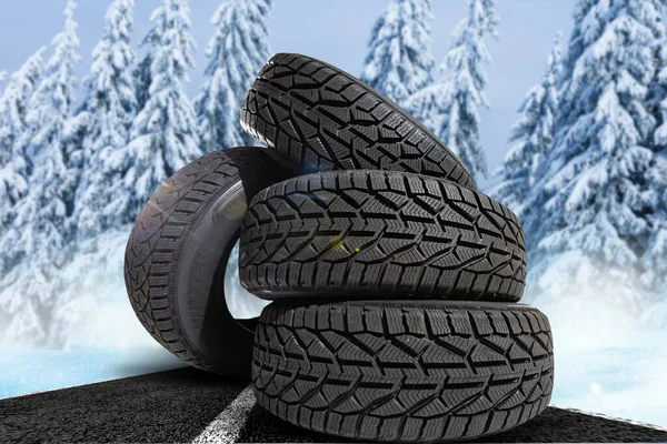 Four Winter Tires Winter Background — Stock Photo, Image