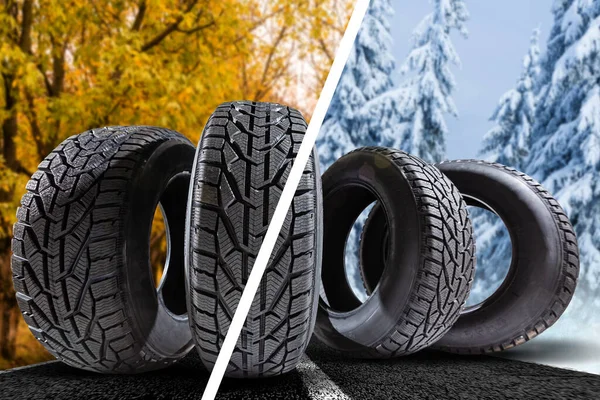 four winter tires on the background of winter and autumn